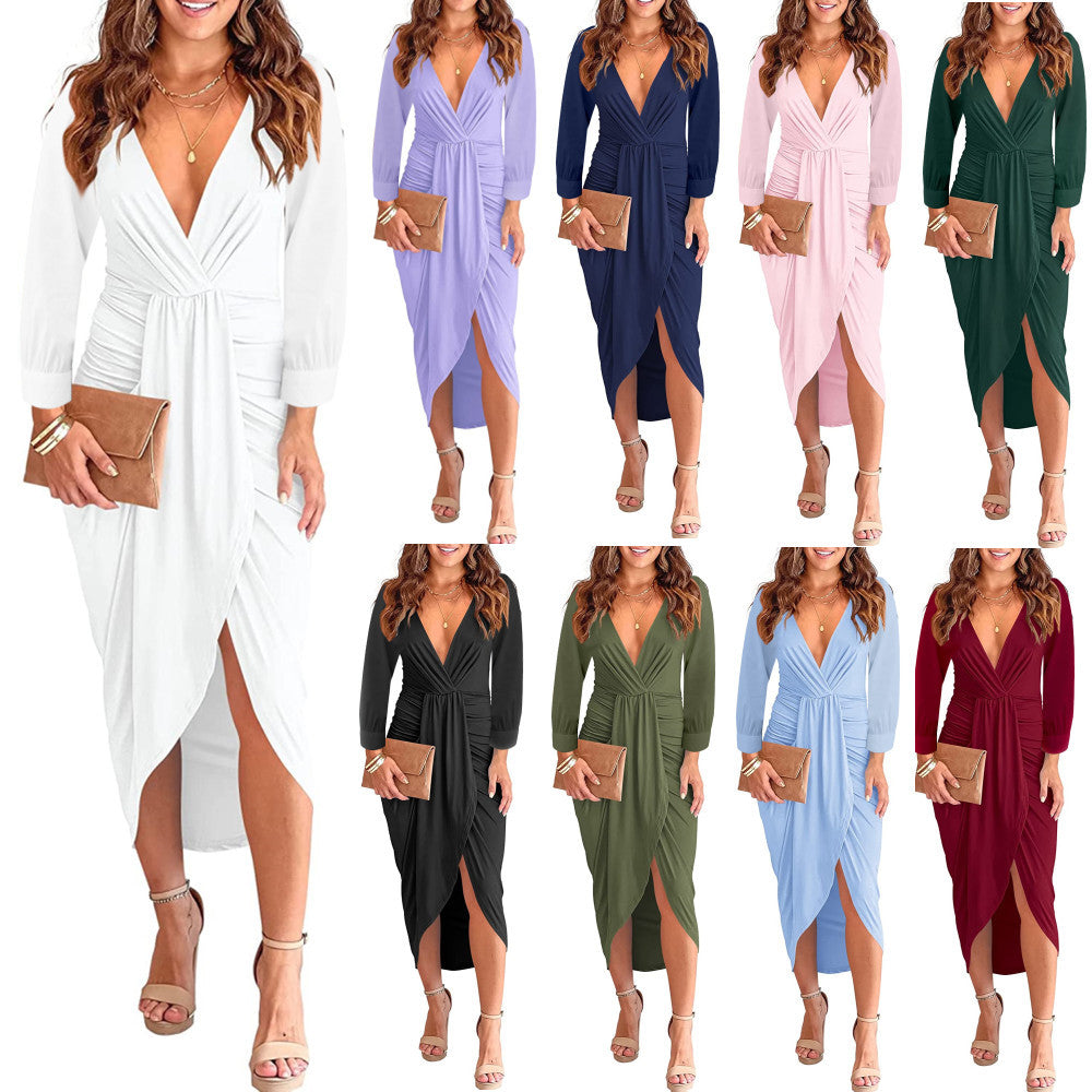 Elegant V-Neck Pleated Bodycon Slit Dress – Solid Color Long Sleeve Autumn & Winter Fashion for Women