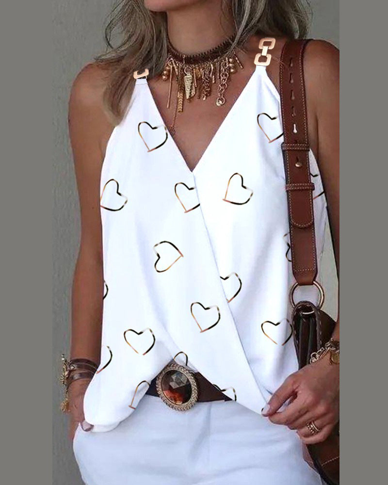 Women's Summer Simple V-Neck Printed Vest Top - Metal Button Detail Sleeveless Blouse