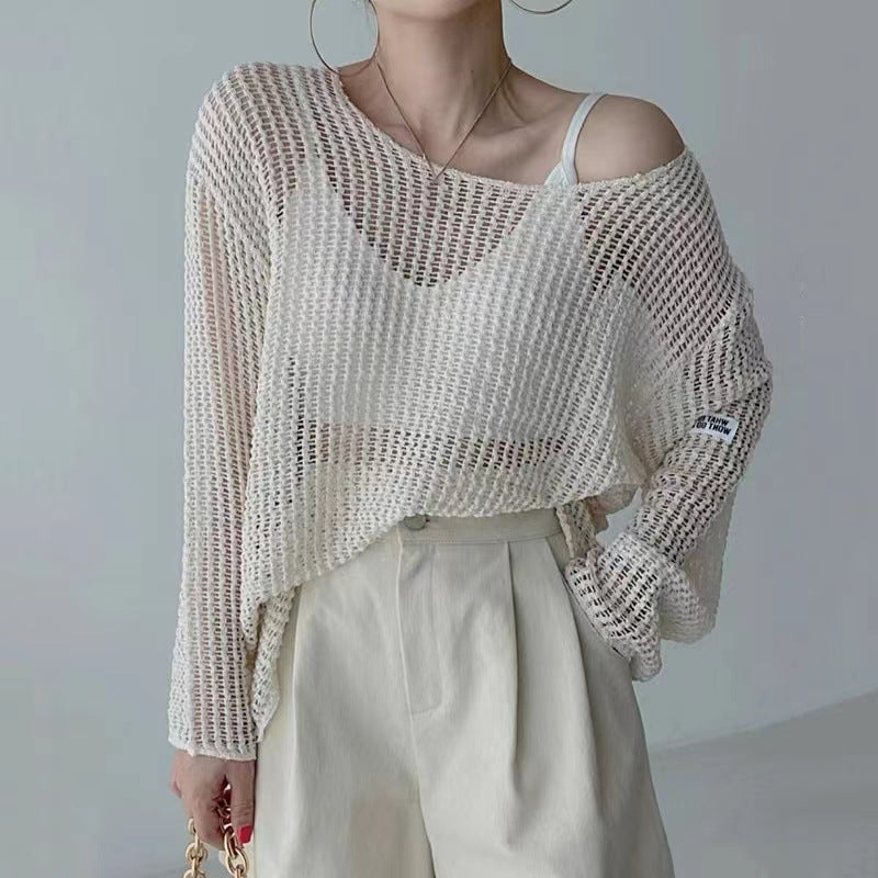 Summer Simple Round Neck Pullover - Loose Thin Hollow Perspective Sunscreen Knitted Sweater Blouse for Women