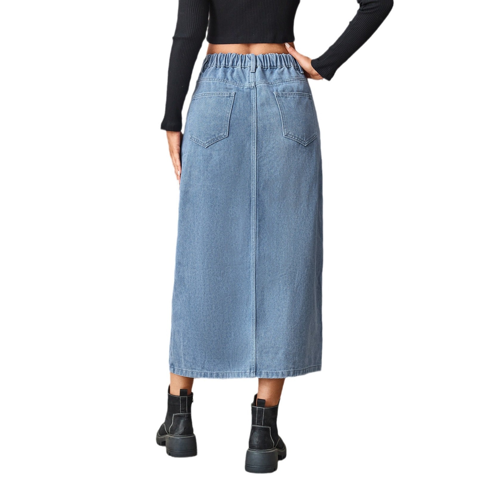 Women's Cross-Border Summer Washed Denim Skirt - Elastic Waist, Mid-Length with Side Slit