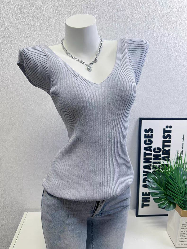 Pure Desire Style V-Neck Short-Sleeved Knitted T-Shirt - Effortless Chic, Everyday Comfort