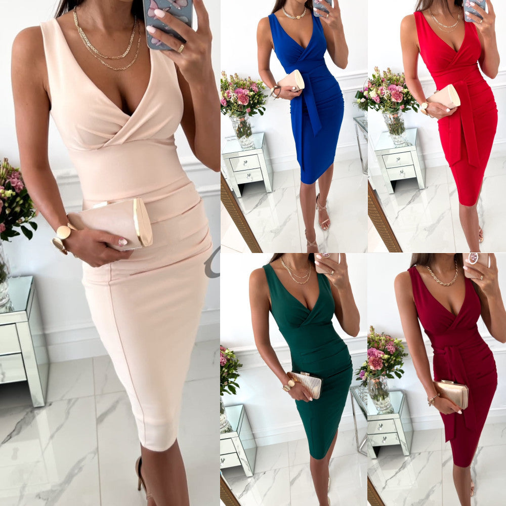 Women's Summer Sleeveless V-Neck Bodycon Hip Strap Dress – Elegant Tight-Fit Party & Casual Wear