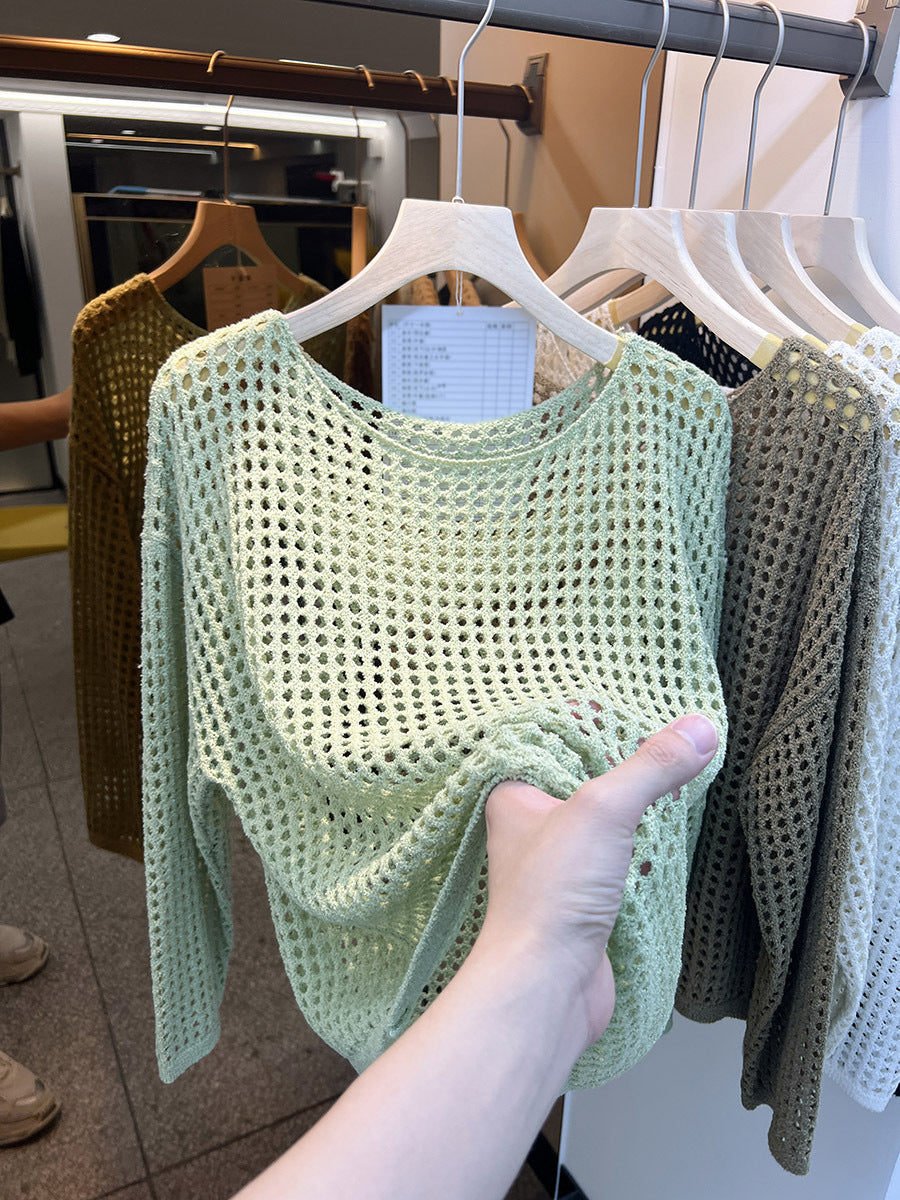 Women's Summer Long-Sleeve Hollow Knitted Mesh Shirt - Lightweight Sheer Sunscreen Blouse.