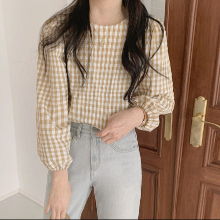 2025 Early Autumn Women's Plaid Long-Sleeved Shirt - Chic Round Neck Versatile Top