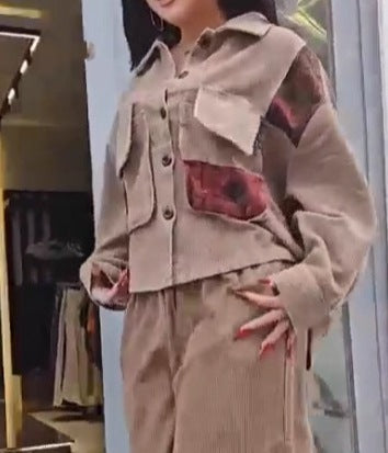 Women's Long Sleeve Button-Up Pocket Top & Casual Retro Two-Piece Set