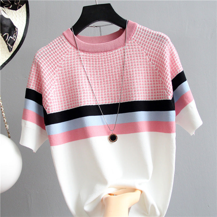 Women's Slim Fit Contrast Color Knit Pullover T-Shirt - Short Sleeve