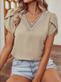 Women's Summer V-Neck Petal Sleeve Top - Solid Color Short Sleeve Blouse