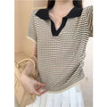Women's Contrast Color Plaid Polo Collar Drawstring Slim Fit Short Sleeve Top