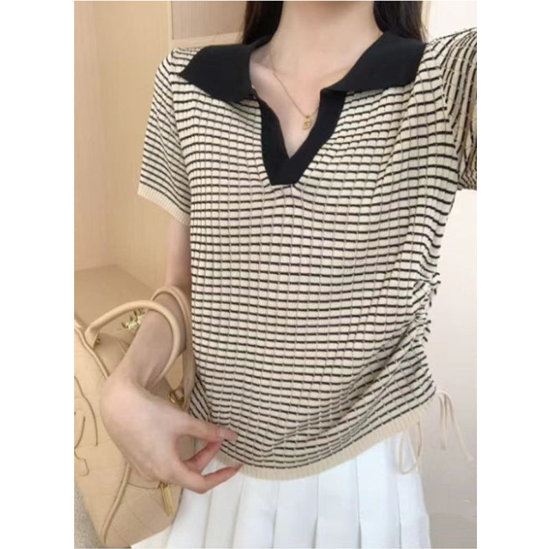 Women's Contrast Color Plaid Polo Collar Drawstring Slim Fit Short Sleeve Top
