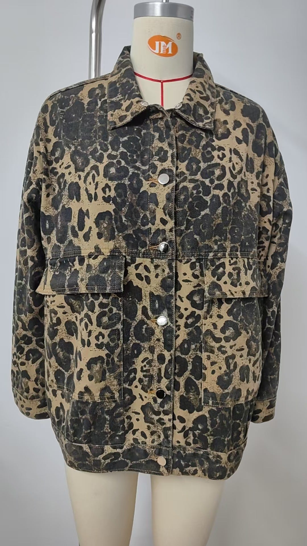Women's Spring Washed Leopard Print Denim Top - Loose Fit Versatile Street Style Shirt
