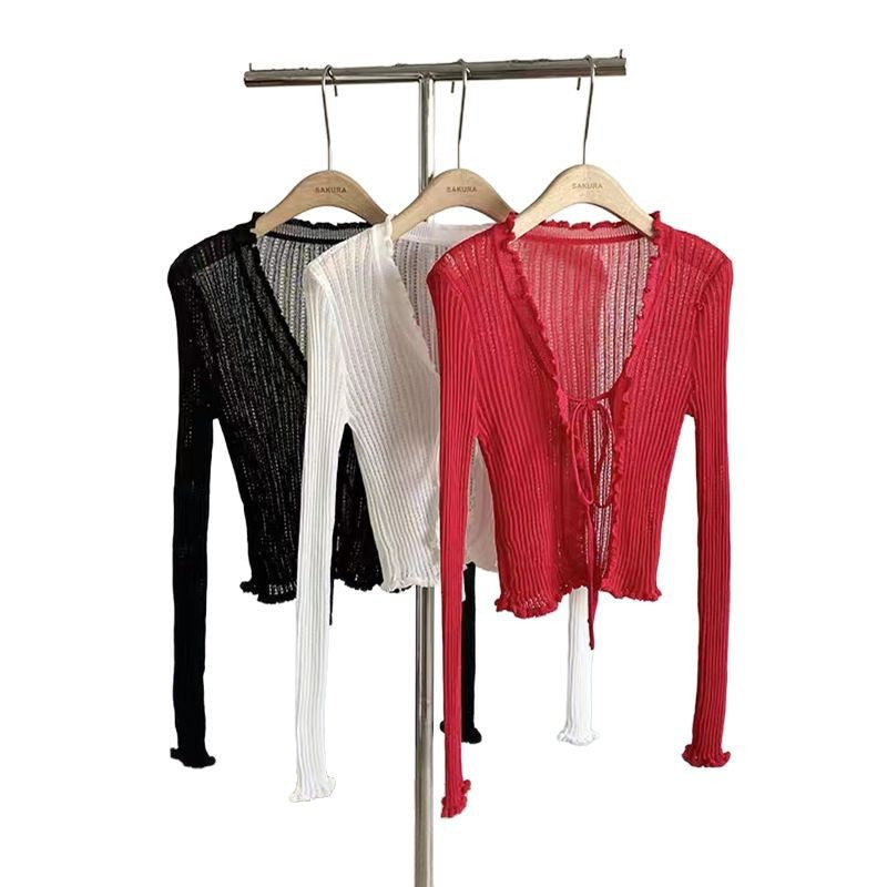 Summer New V-Neck Knitted Cardigan - Sun Protection, Lightweight, Slimming Fit with Ruffle Trim
