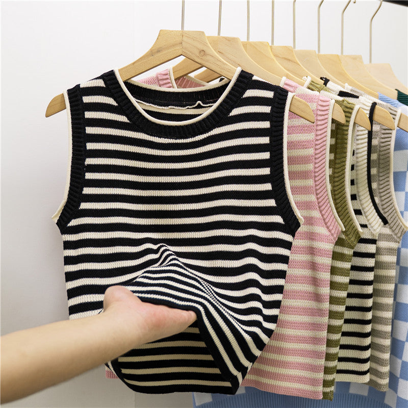 Women's Striped Slim Fit Camisole - Summer Round Neck Sleeveless Knitted Top