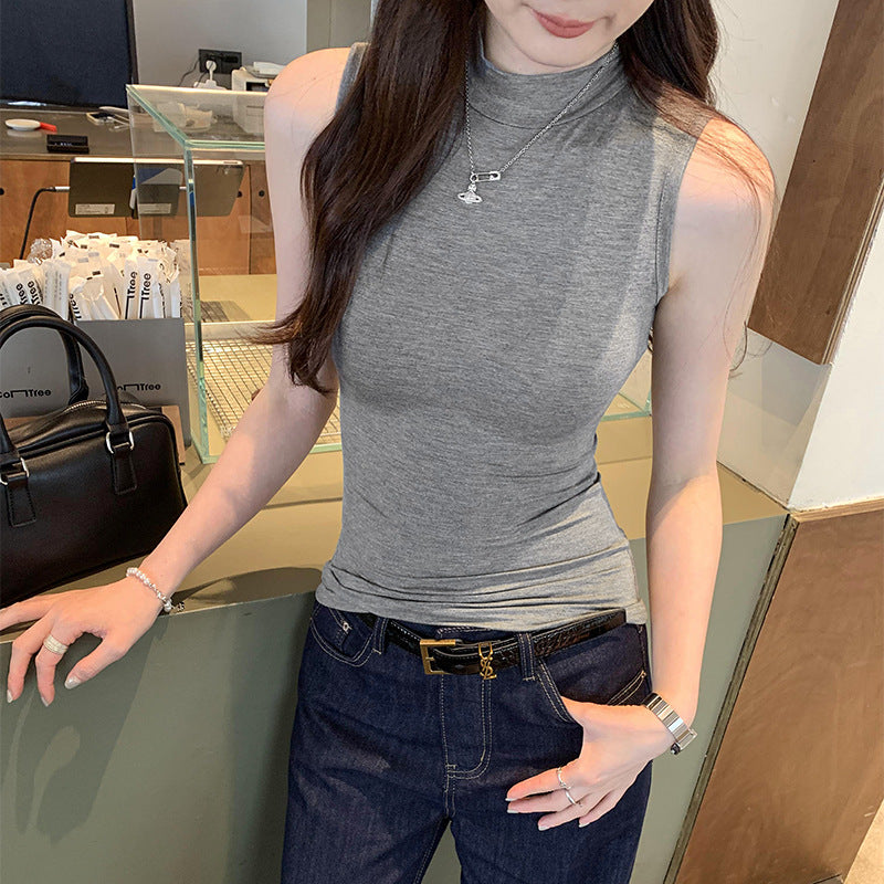 Women's Sleeveless Half-High Collar Slim Vest Top - Summer Minimalist T-Shirt Style