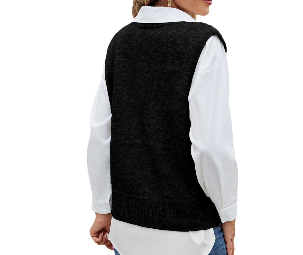 Women's Casual Knitted Sweater Vest - Trendy One-Row Button Front, Sleeveless V-Neck Knitwear