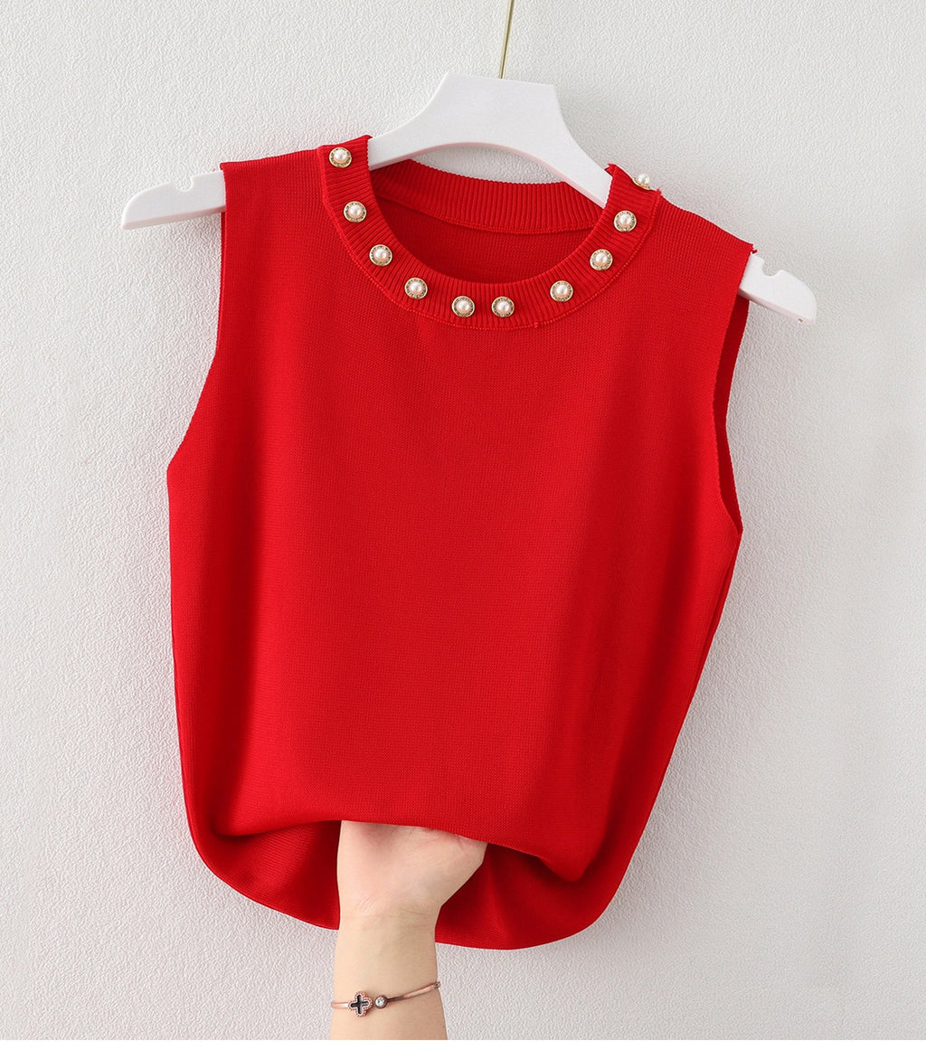 Women's Round Neck Camisole Top with Beaded White Knitted Sleeveless Sweater - Stylish Outerwear T-Shirt