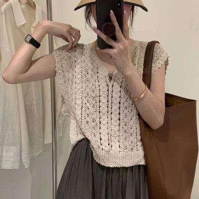 Hollow Crochet V-Neck Vest Sweater - Women's Summer 2025