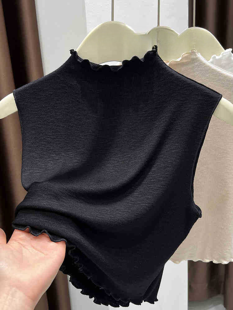 Women's Sleeveless Knitted Bottoming Shirt - Thin Vest with Slim Half-High Collar & Ruffled Edge