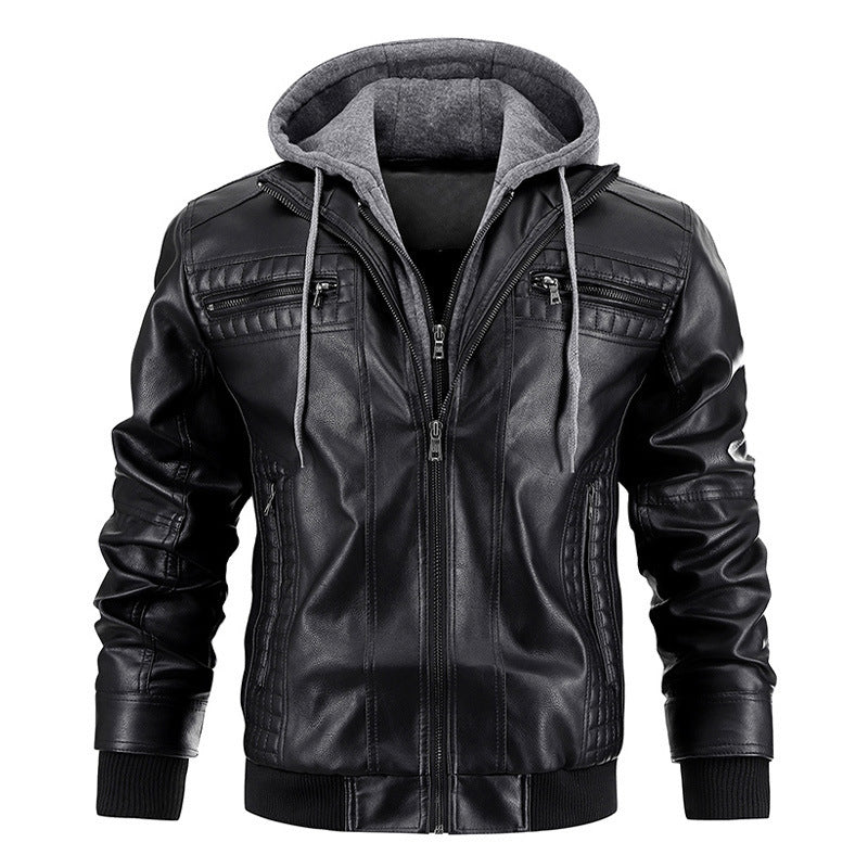 Men’s Hooded PU Leather Warm Winter Jacket