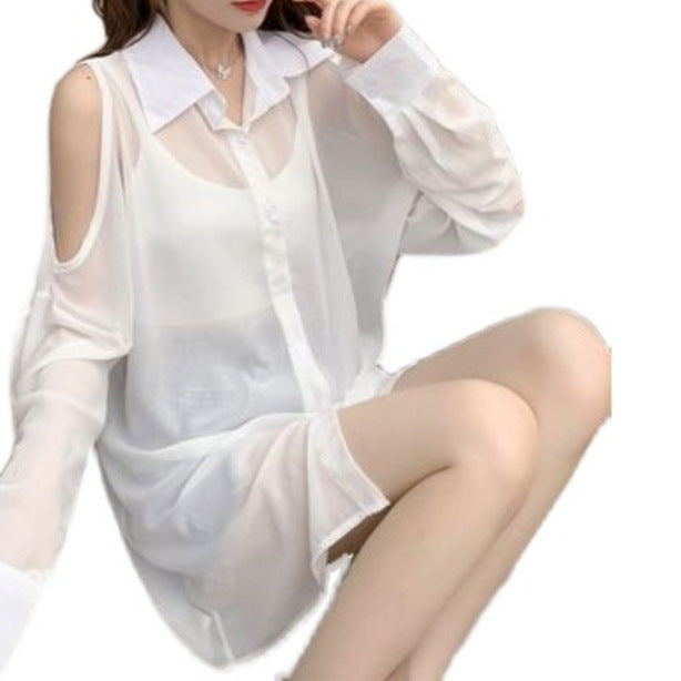 New Hepburn Style Hollow Design Off-Shoulder Multi-Button Sun-Proof Thin Long-Sleeved Shirt