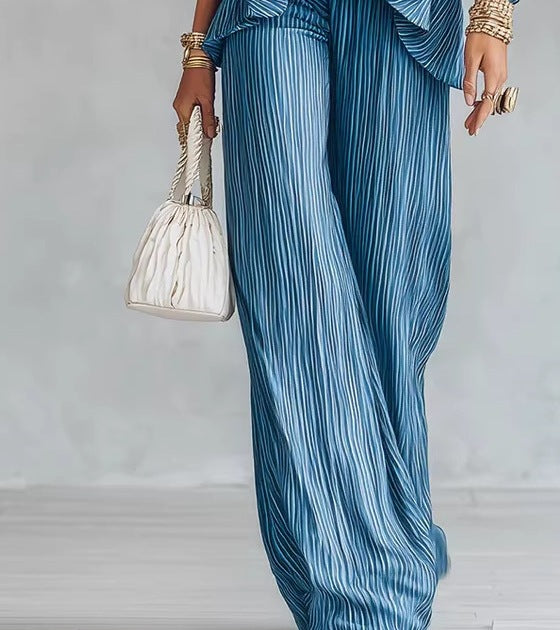 Women's Cotton Linen Blend Long-Sleeve Half-Button Top and Pleated Wide-Leg Pants Two-Piece Set