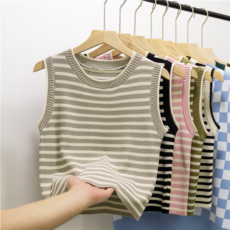Women's Striped Slim Fit Camisole - Summer Round Neck Sleeveless Knitted Top
