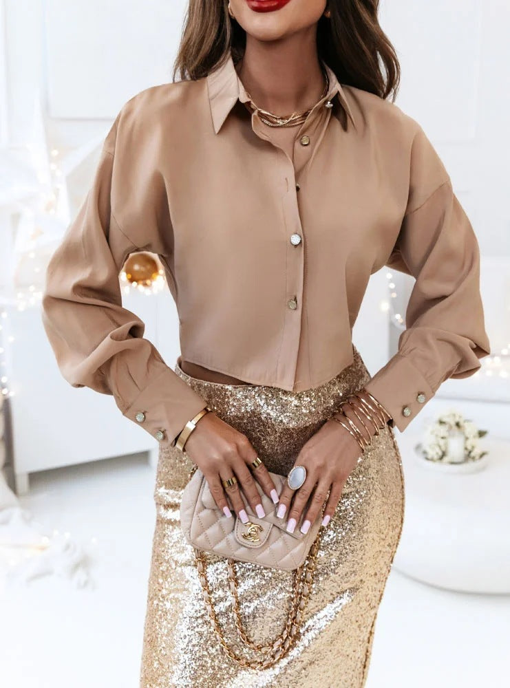 Women's Autumn V-Neck Long Sleeve Shirt - Simple Solid Color Casual Blouse
