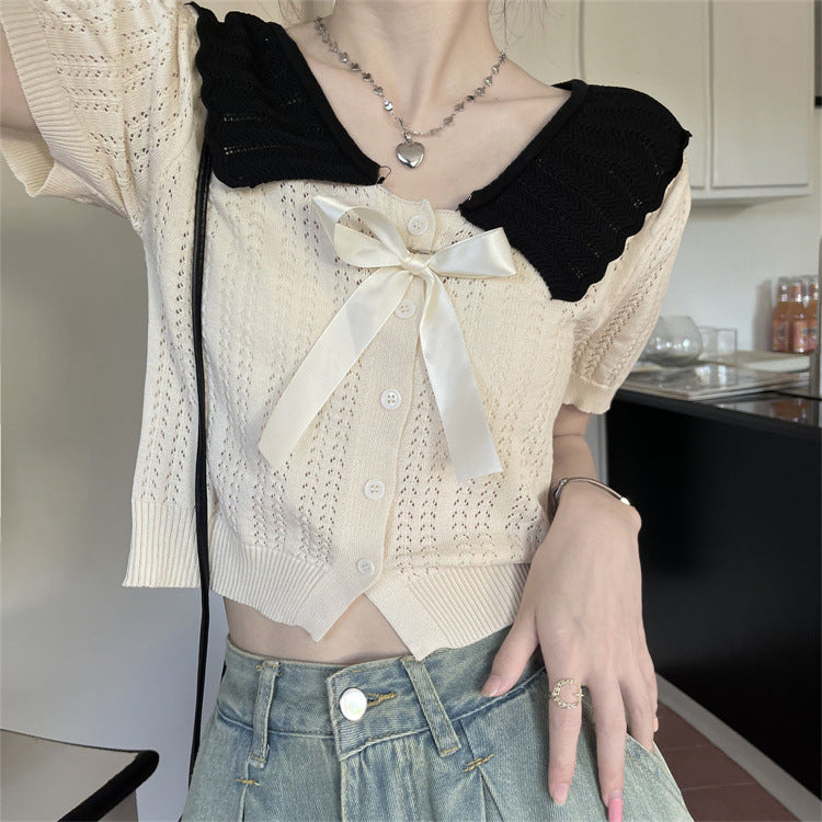 Bowknot Contrast Color Doll Collar Cardigan Sweater - Women's Summer Petite Stylish Short Top