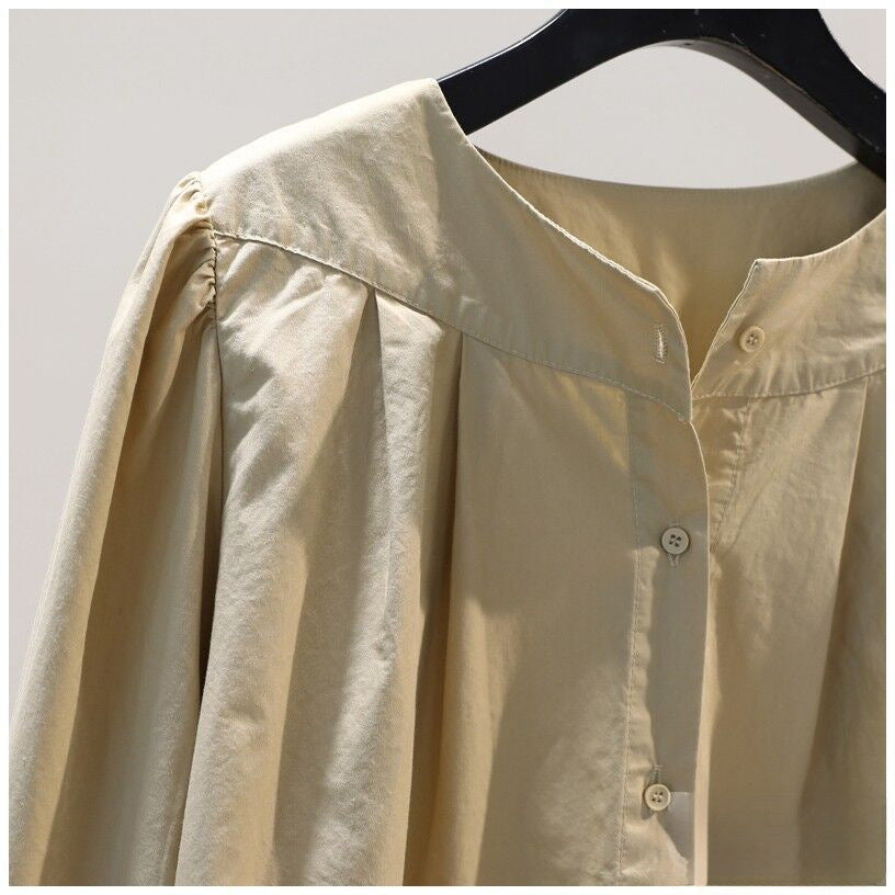 Khaki Pleated Cotton Blouse - Lantern Sleeve Elegance