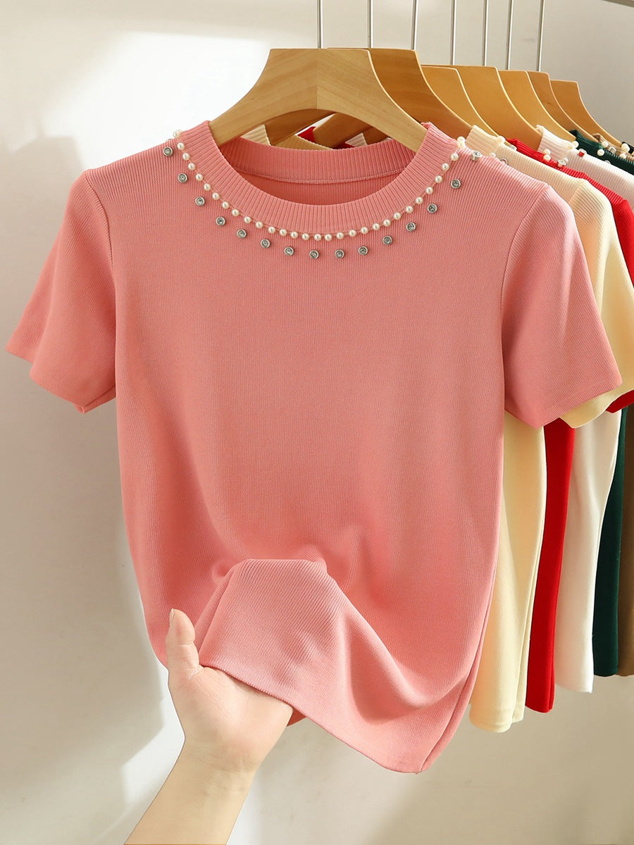 Women's Summer White Beaded Knit T-Shirt - Short Sleeve, Straight Shoulder, Short Top