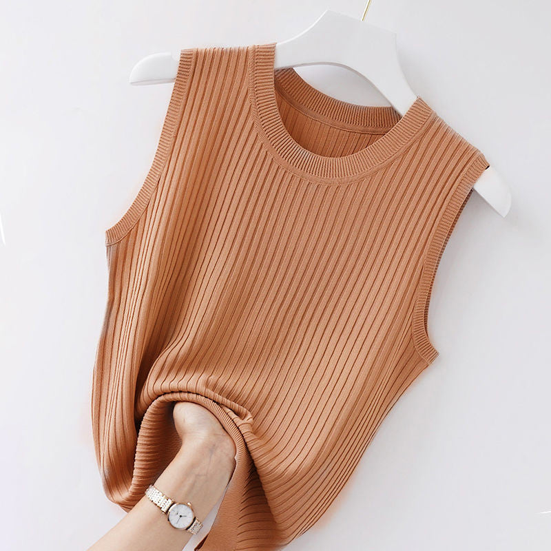 Summer Women's Sleeveless Knitted Vest - Solid Color, Wide Strap, All-Match Casual Top