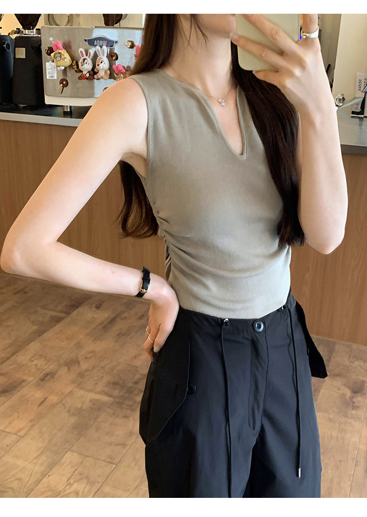 Women's Sleeveless Knitted Vest - Waist Pleated High-End Summer Fashion Top