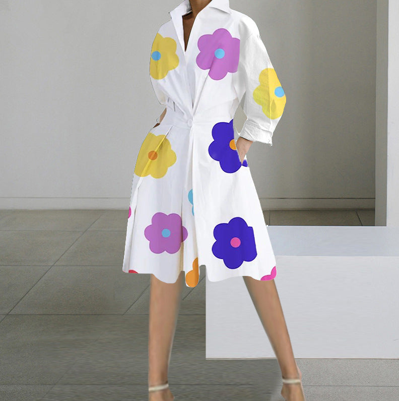 Autumn Elegance: Women's Long-Sleeved V-Neck Printed Mid-Length Dress