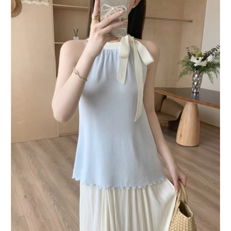 Strappy Bow Halter Neck Knitted Vest for Women - Sleeveless Summer Outerwear Top with Ruffled Edges, Niche Design