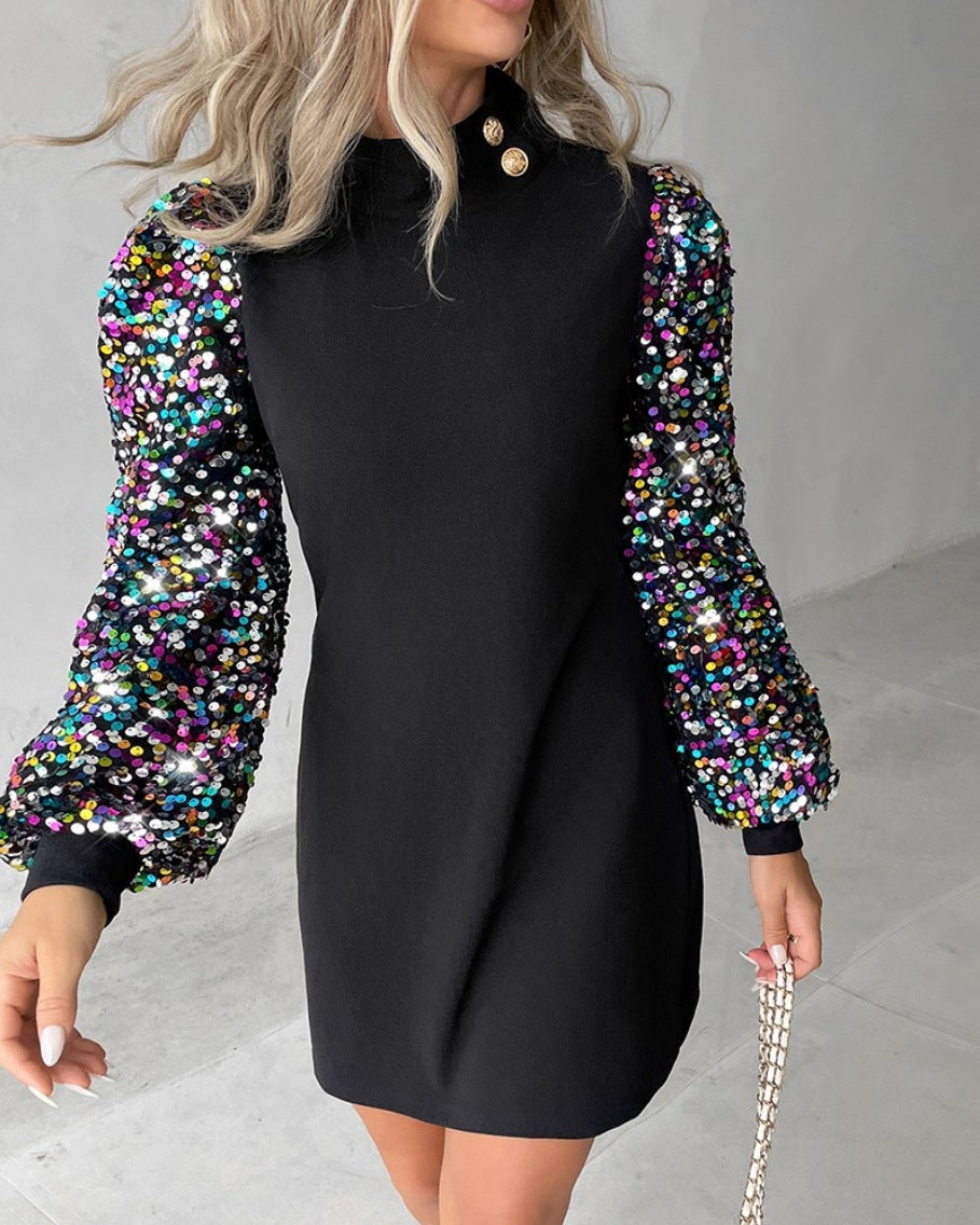 Autumn and Winter New Round Neck Lace Long Sleeve Hip-Waist Dress