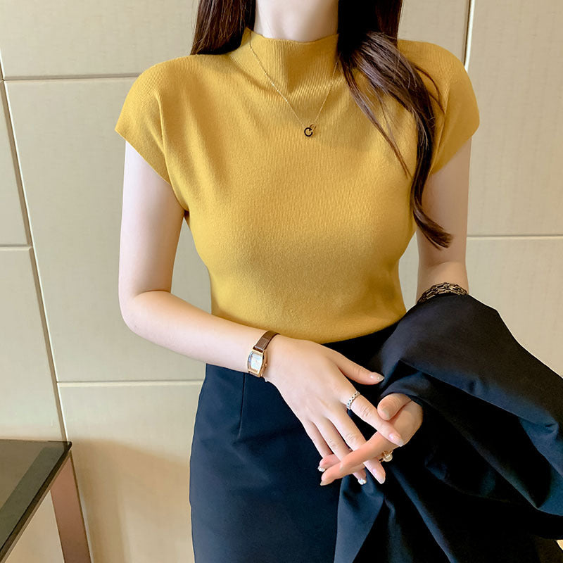 Knitted Sleeveless Half-High Collar Women's Short T-Shirt - 2025 Summer Trendy Top