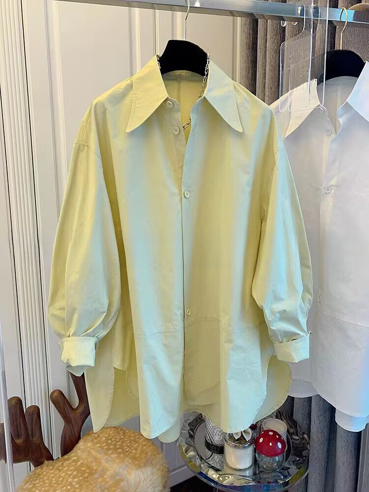 Women's Spring & Autumn Oversized Shirt Top - Simple Elegance with a Pointed Collar
