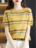 Striped Short-Sleeved Knitted T-Shirt for Women - Summer Color Block Round Neck Crop Top