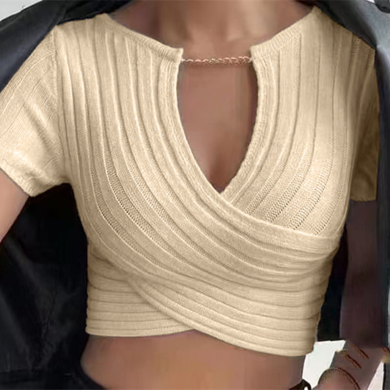 Summer Chain Deep V-Neck Cross-Navel Knitted Crop Top - Women's Short Sleeve Chic Streetwear