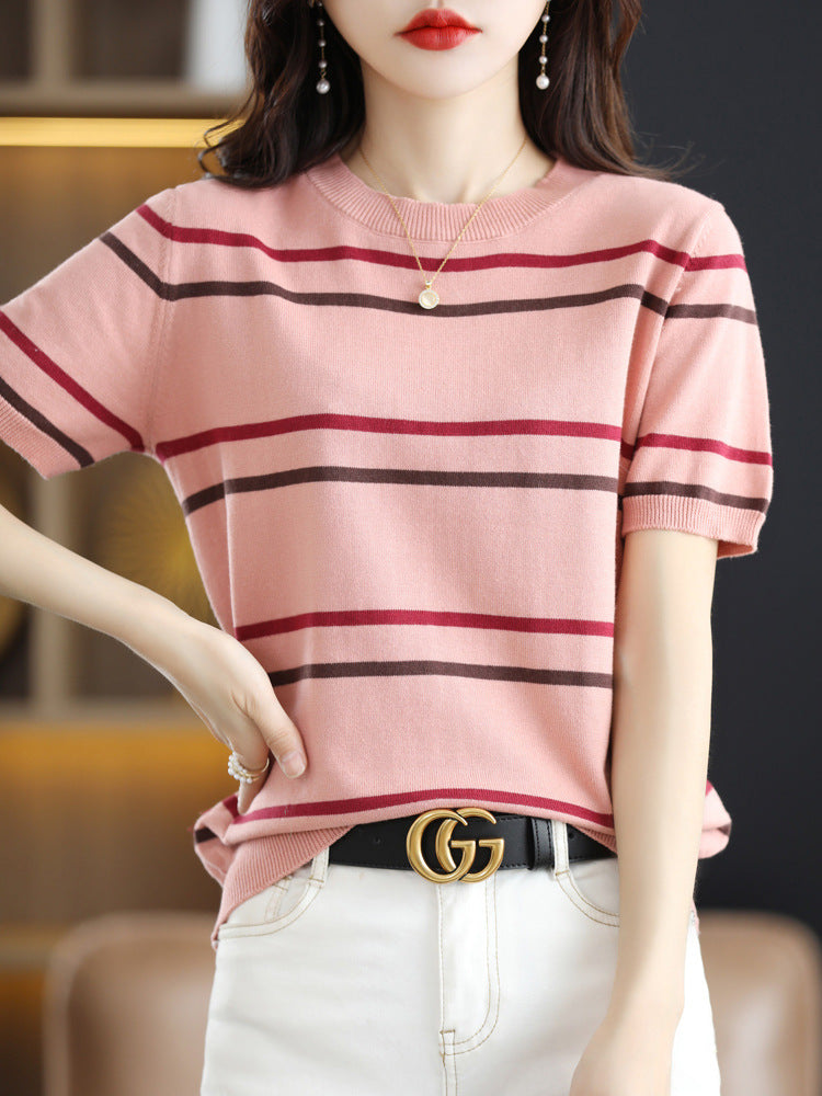 Striped Short-Sleeved Knitted T-Shirt for Women - Summer Color Block Round Neck Crop Top