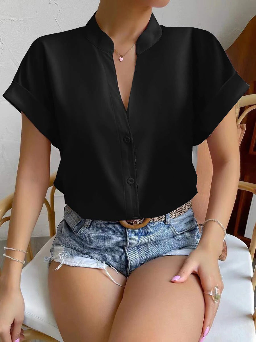 Women's Summer V-Neck Blouse - Lightweight Simple Short Sleeve Shirt for Everyday Wear