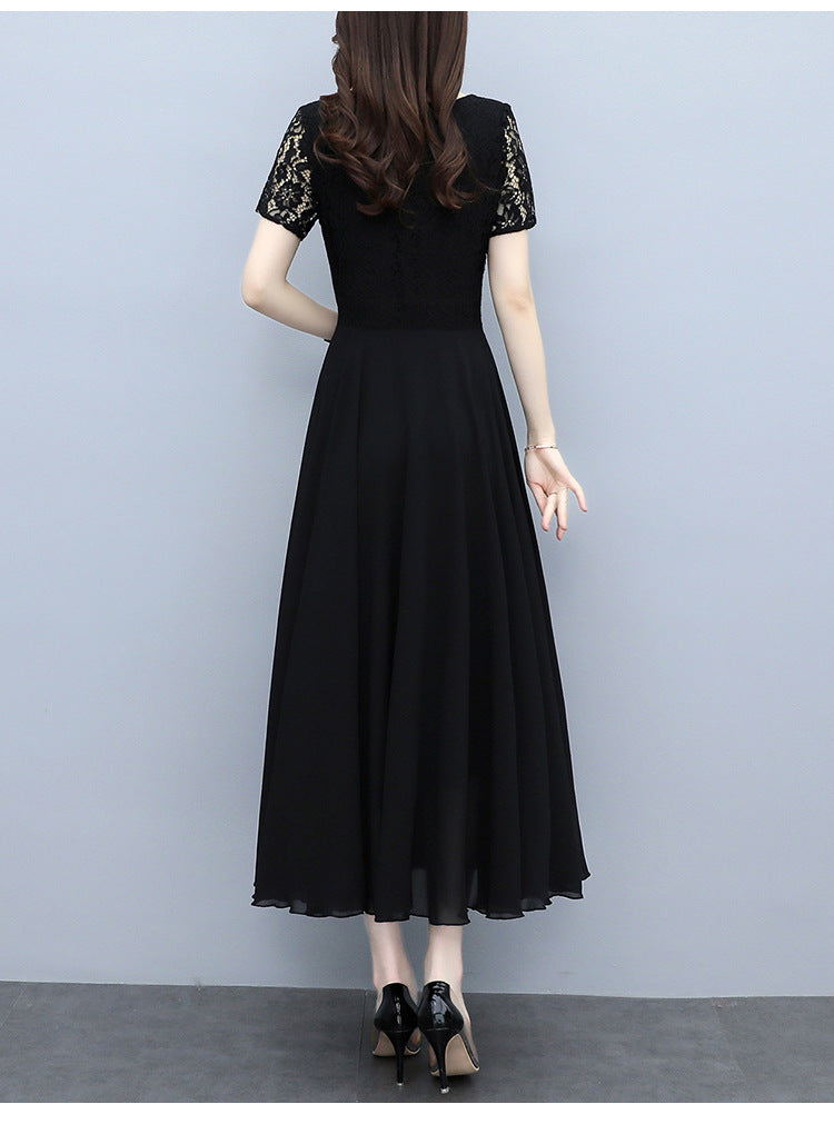 Women Crochet Lace Slim Waist Pleated Skirt Dress