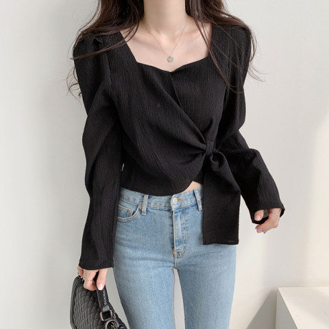 2025 Square Collar Bubble Sleeve Slim Fit Shirt with Straps - Elegant Spring & Autumn Top for Women