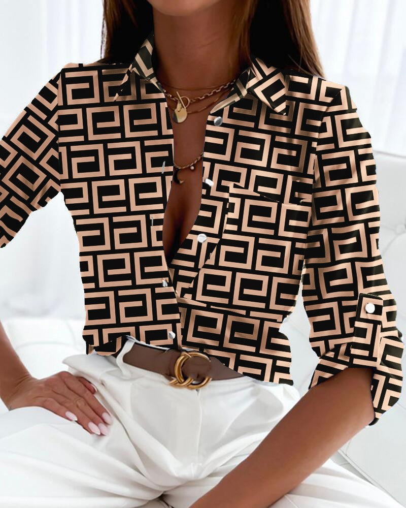 Women's Spring & Autumn Printed Long-Sleeved Shirt - Casual Cross-Border Fashion Top
