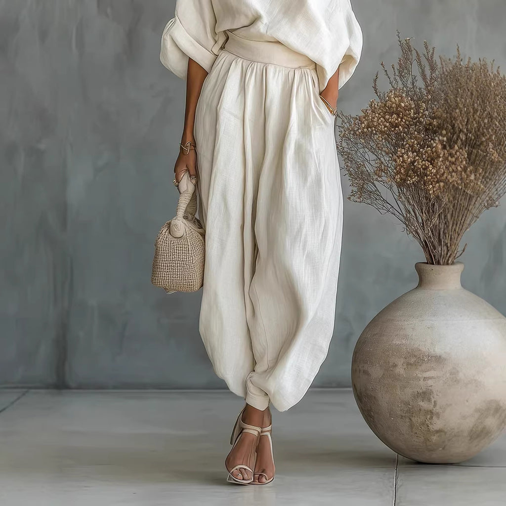 Solid Color Off-Shoulder T-Shirt with Pockets Casual Loose Two-Piece Set