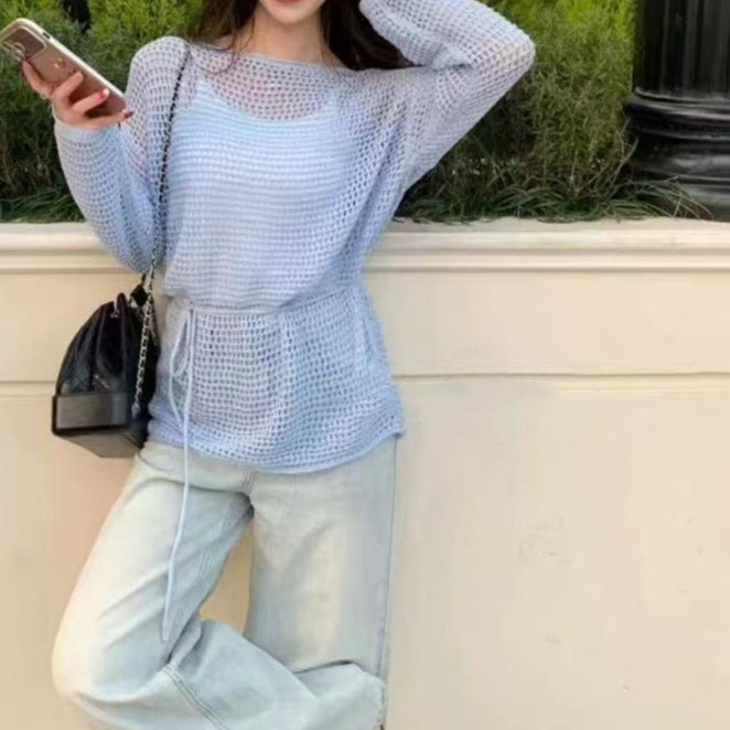 One-Shoulder Hollow Knitted Sweater - Women's Early Spring Sun Protection Blouse