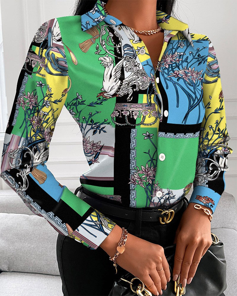 Women's Autumn Printed V-Neck Shirt - Loose Fit Long Sleeve Button-Down Blouse