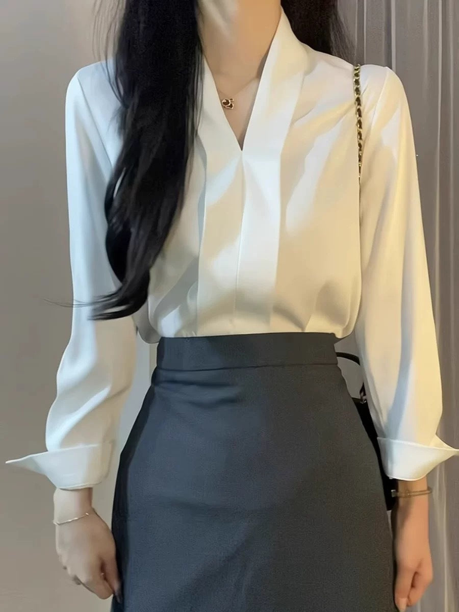 Women's White V-Neck Professional Shirt - Lightweight Elegance for Spring & Autumn