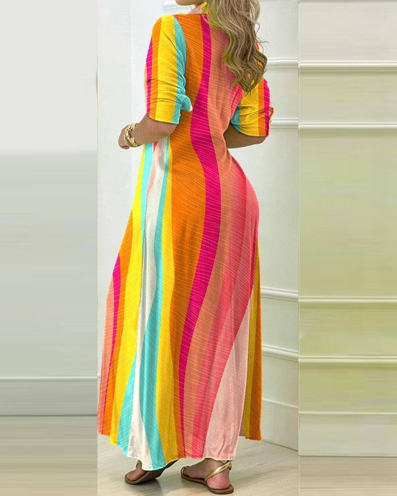 Summer Long Sleeve V-Neck Button Shirt Dress for Women – Casual & Elegant