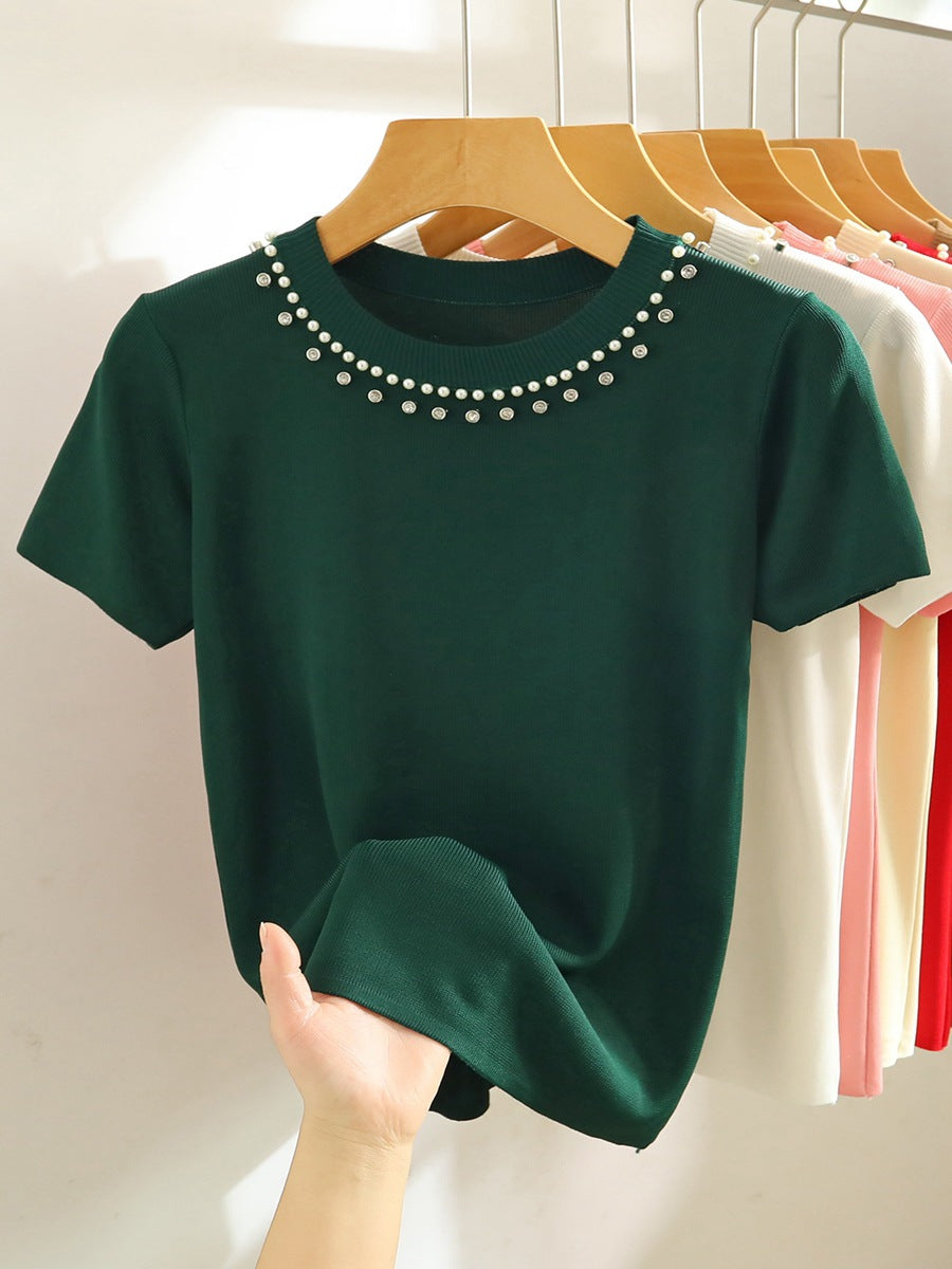 Women's Summer White Beaded Knit T-Shirt - Short Sleeve, Straight Shoulder, Short Top