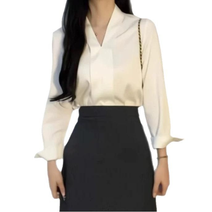 Women's White V-Neck Professional Shirt - Lightweight Elegance for Spring & Autumn